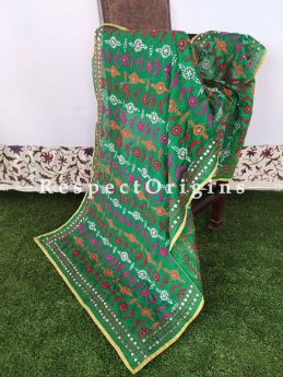 Green Phulkari Hand-embroidered Cotton Colourful Dupatta with Piping and Tinsels at Borders; Length 90 X 40 Width Inches; RespectOrigins.com