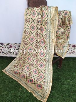 Light Beige Phulkari Hand-Embroidered Colorful Dupatta with Piping and Tinsels at Borders; Length 90 X 40 Width Inches; RespectOrigins.com