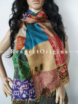 Kantha Stitch Patchwork Silk Stole In Swathes Of Blue, Red & Cream; Length 80 X Width 20 Inches ; RespectOrigins.com