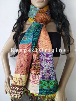 Kantha Stitch Patchwork Silk Stole In Hues Of Sea Green,Purple & Brown; Length 80 X Width 20 Inches; RespectOrigins.com