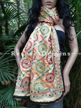 Colourful Phulkari Hand-embroidered Beige Cotton Dupatta with Piping and Tinsels at Borders; Length 90 X 40 Width Inches; RespectOrigins.com