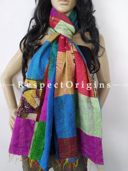 Kantha Stitch Patchwork Silk Stole In Swathes Of Royal Blue,Purple & Green; Length 80 X Width 20 Inches ; RespectOrigins.com