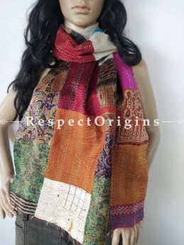 Kantha Stitch Patchwork Silk Stole In Overlay Of Red,Orange & Ivory; Length 80 X Width 20 Inches ; RespectOrigins.com