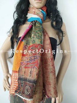 Kantha Stitch Patchwork Silk Stole In Overlay Of Red,Orange & Ivory; Length 80 X Width 20 Inches ; RespectOrigins.com