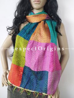 Kantha Stitch Patchwork Silk Stole In Hues Of Blue, Lime & Red; Length 80 X Width 20 Inches ; RespectOrigins.com