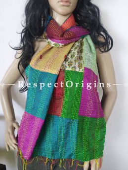Kantha Stitch Patchwork Silk Stoles In Overlay Of Blue,Green & Purple; Length 80 x width 20 Inches; RespectOrigins.com