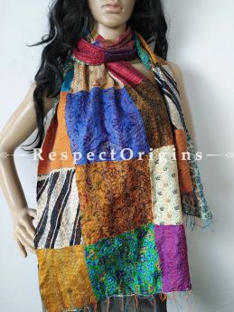 Kantha Stitch Patchwork Silk Stole In Shades Of Mustard,Sea Green & Ivory; Length 80 X Width 20 Inches ; RespectOrigins.com