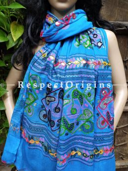 Amazing Hand Embroidered Cotton Mirrorwork Stole in Royal Blue; 87 X 44 Inches; RespectOrigins.com