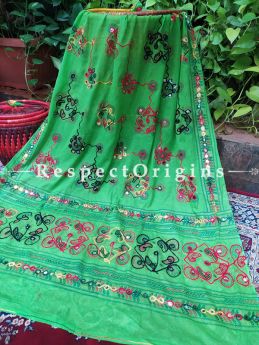 Gorgeous Hand Embroidered Cotton Mirrorwork Stole in Green; 87 X 44 Inches; RespectOrigins.com