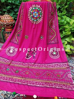 Beautiful Hand Embroidered Cotton Mirrorwork Stole in Hot Pink; 87 X 44 Inches; RespectOrigins.com