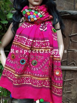 Beautiful Hand Embroidered Cotton Mirrorwork Stole in Hot Pink; 87 X 44 Inches; RespectOrigins.com