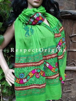 Marvelous Hand Embroidered Cotton Mirrorwork Stole in Parrot Green; 87 X 44 Inches; RespectOrigins.com