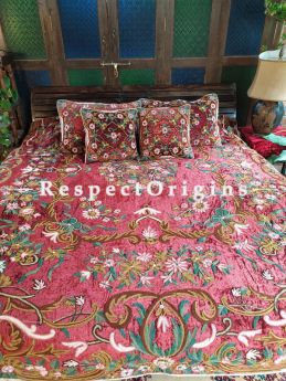 Daisy Red Luxury Velvet Hand-embroidered Aari work King Bedspread With Cushions; RespectOrigins.com