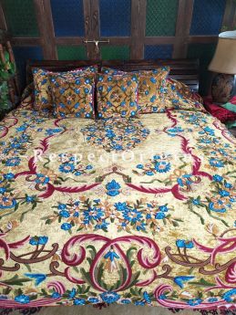  Rebecca Beige Luxury Velvet Hand-embroidered Aari work King Bedspread with Cushions; RespectOrigins.com