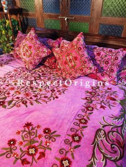 Zylphia Pink Luxury Velvet Hand-embroidered Aari work King Bedspread with Cushions; RespectOrigins.com