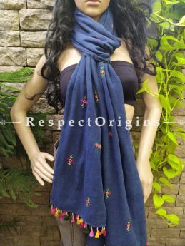 Exclusive Linen Soof Embroidered Stoles or Dupattas; Navy Blue With Green and Pink Embroidery Online at RespectOrigins.com