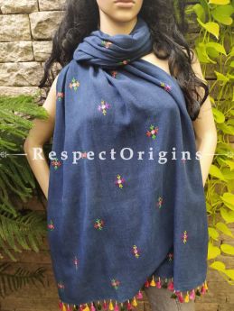 Exclusive Linen Soof Embroidered Stoles or Dupattas; Navy Blue With Green and Pink Embroidery Online at RespectOrigins.com