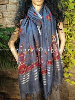 Exclusive Linen Soof Embroidered Stoles or Dupattas; Grey With Maroon and Yellow Embroidery Online at RespectOrigins.com