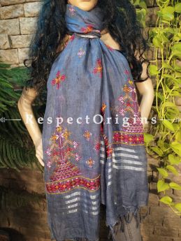 Exclusive Linen Soof Embroidered Stoles or Dupattas; Grey With Maroon and Yellow Embroidery Online at RespectOrigins.com