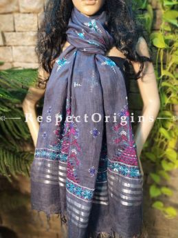 Exclusive Linen Soof Embroidered Stoles or Dupattas; Grey With Purple and Blue Embroidery Online at RespectOrigins.com