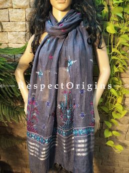 Exclusive Linen Soof Embroidered Stoles or Dupattas; Grey With Purple and Blue Embroidery Online at RespectOrigins.com
