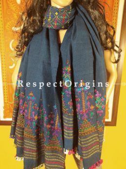 Exclusive Woollen Soof Embroidered  Shawl or Stole; Navy Blue With Green, Purple, Blue and Yellow Embroidery Online at RespectOrigins.com