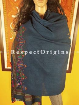 Exclusive Woollen Soof Embroidered  Shawl or Stole; Navy Blue With Green, Purple, Blue and Yellow Embroidery Online at RespectOrigins.com