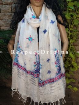 Exclusive Linen Soof Embroidered Stoles or Dupattas; White With Maroon & Blue Hand Embroidery Online at RespectOrigins.com