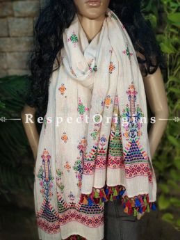 Exclusive Linen Soof Embroidered Stoles or Dupattas; White With Orange, Green Blue and Red Hand Embroidery Online at RespectOrigins.com