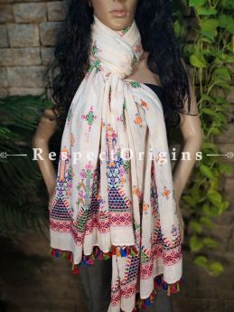 Exclusive Linen Soof Embroidered Stoles or Dupattas; White With Orange, Green Blue and Red Hand Embroidery Online at RespectOrigins.com