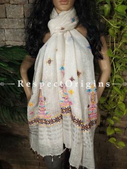 Exclusive Linen Soof Embroidered Stoles or Dupattas; White With Brown, Pink, Blue and Yellow Hand Embroidery Online at RespectOrigins.com