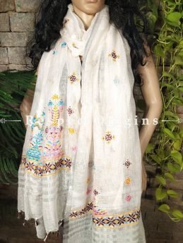 Exclusive Linen Soof Embroidered Stoles or Dupattas; White With Brown, Pink, Blue and Yellow Hand Embroidery Online at RespectOrigins.com