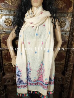 Exclusive Linen Soof Embroidered Stoles or Dupattas; White With Maroon and Blue Embroidery Online at RespectOrigins.com