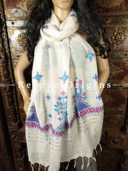 Exclusive Linen Soof Embroidered Stoles or Dupattas; White With Maroon and Blue Hand Embroidery Online at RespectOrigins.com