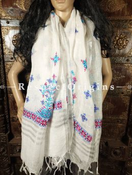 Exclusive Linen Soof Embroidered Stoles or Dupattas; White With Maroon and Blue Hand Embroidery Online at RespectOrigins.com