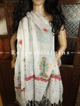 Exclusive Linen Soof Embroidered Stoles or Dupattas; White With Red, Green, Blue and Yellow Hand Embroidery Online at RespectOrigins.com