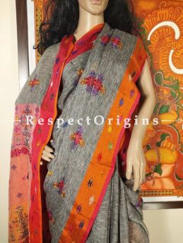 Fabulous Grey Linen Saree with elaborate Suf Embroidery; Orange Border and Pallu Online at RespectOrigins.com