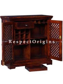 Buy Rustic Handmade Vintage Sheesham Wooden Bar Cabinet With Two Door With Lattice Work with a Pair Bar Stools At RespectOrigins.com