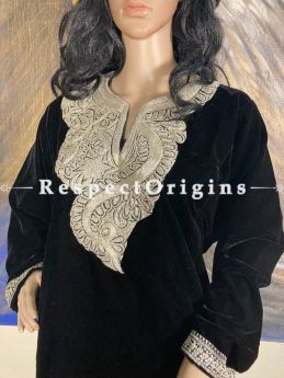 Luxurious Soft Velvet Black Kashmiri Pheran Top with Golden Tilla Embroidery; Free Size; RespectOrigins.com
