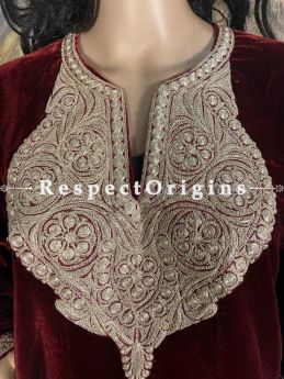 Luxurious Soft Velvet Vibrant Red Kashmiri Pheran Top with Golden Tilla Embroidery; Free Size; RespectOrigins.com