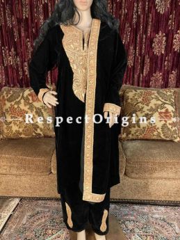 Kashmiri Tilla embroidery adorned silk velvets Suit with velvet dupatta adorned with Kashmiri gold exquisite Tilla embroidered borders.; RespectOrigins.com