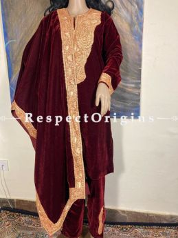 Red Kashmiri Tilla embroidery adorned silk velvets Suit with velvet dupatta adorned with Kashmiri gold exquisite Tilla embroidered borders.; RespectOrigins.com