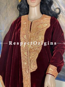Red Kashmiri Tilla embroidery adorned silk velvets Suit with velvet dupatta adorned with Kashmiri gold exquisite Tilla embroidered borders.; RespectOrigins.com