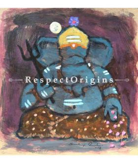 Lambodara; Ganesha Painting; Acrylic Color On Paper; 8x8 in