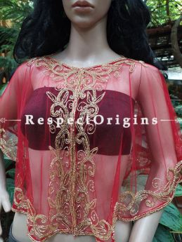 Red Georgette Handcrafted Beaded Poncho Cape or Shrug for Evening Gowns or Dresses; RespectOrigins.com