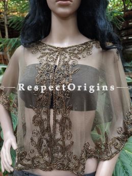 Beige Georgette Handcrafted Beaded Poncho Cape or Shrug for Evening Gowns or Dresses; RespectOrigins.com