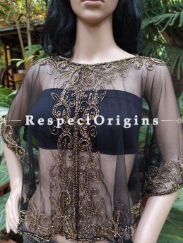Black Georgette Handcrafted Beaded Poncho Cape or Shrug for Evening Gowns or Dresses; RespectOrigins.com