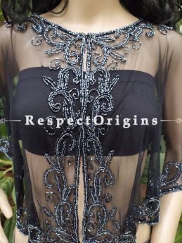 Black Net Handcrafted Beaded Poncho Cape or Shrug for Evening Gowns or Dresses; RespectOrigins.com