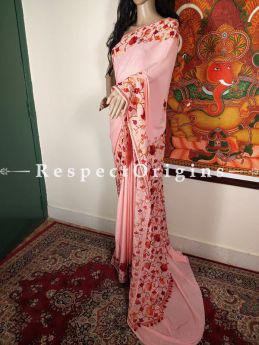 Designer Hand-embroidered Florals on Formal Kashmiri Cocktail Party Silk Saree with Blouse; Beige; RespectOrigins.com