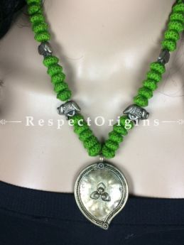Buy Handcrafted Oxidized White Metal Mango Shape pendant With Green Thread Necklace at RespectOrigins.com